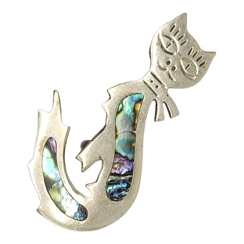 Alpaca Mexico Silver Tone Abalone Cat Brooch Vintage